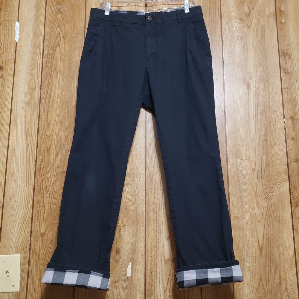 Columbia Lined Pants Plaid Cuffs 30X30 Black Flat Front Chino 4 Pocket Straight
